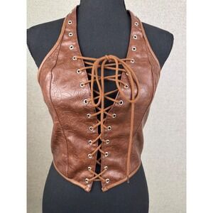 Brown Faux Leather Lace Up Corset Vest Floral Embossed Halter Boho S
